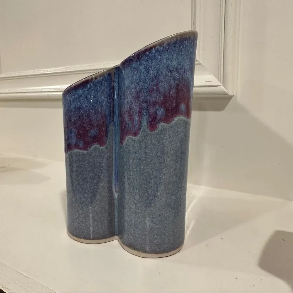 Bay Pottery Blue Purple Ceramic Drip Glaze Art Pottery Stoneware Triple Bud Vase